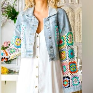 Veveret Crochet Sleeves Denim Jacket Distressed